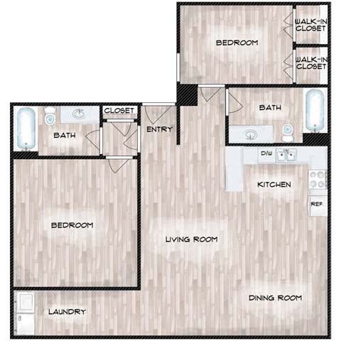 Floor plan for 2 beds, 2 baths, 1077 sqft