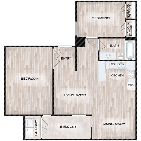 Floor plan for 2 beds, 1 bath, 877 sqft