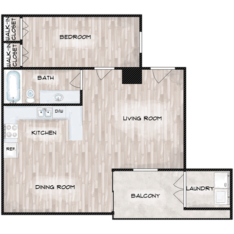 Floor plan for 1 bed, 1 bath, 682 sqft