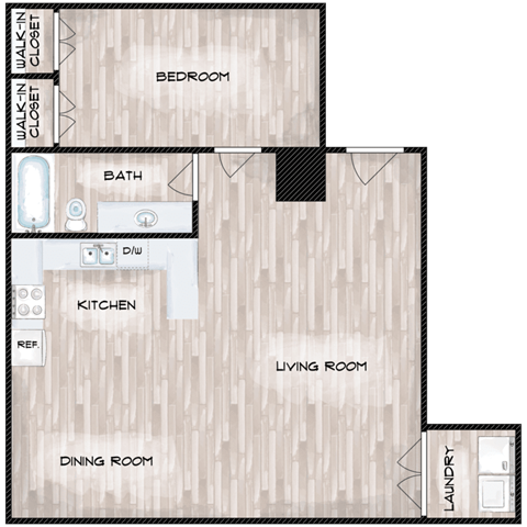 Floor plan for 1 bed, 1 bath, 800 sqft