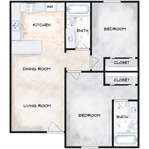 Floor plan for 2 beds, 2 baths, 776 sqft