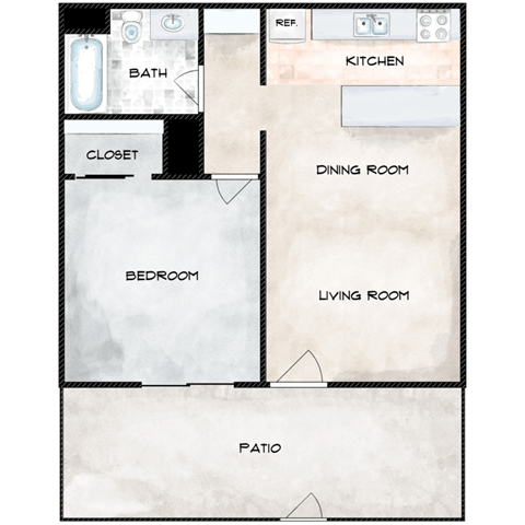 Floor plan for 1 bed, 1 bath, 525 sqft