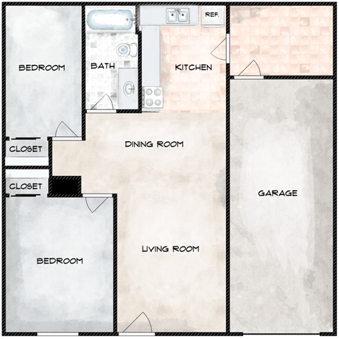 Floor plan for 2 beds, 1 bath, 816 sqft
