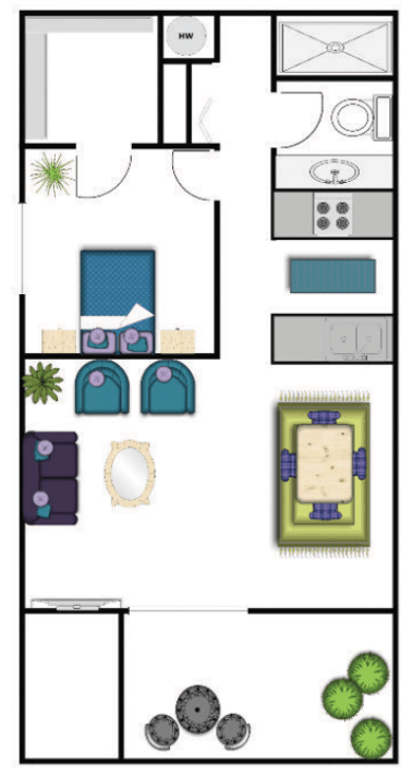 Floor plan for 1 bed, 1 bath, 769 sqft