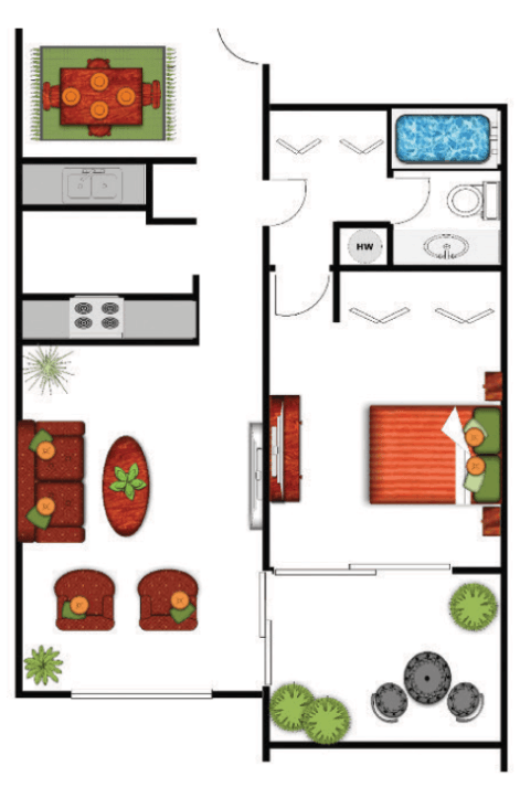Floor plan for 1 bed, 1 bath, 700 sqft