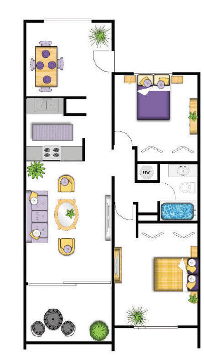 Floor plan for 2 beds, 1 bath, 951 sqft