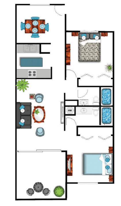 Floor plan for 2 beds, 2 baths, 1055 sqft