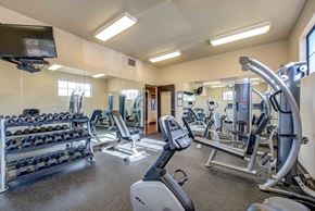 Victorville apartment for rent - a gym with cardio equipment and weights on the floor