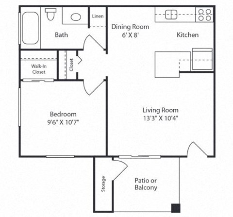 Floor plan for 1 bed, 1 bath, 608 sqft