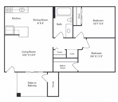 Floor plan for 2 beds, 1 bath, 625 sqft