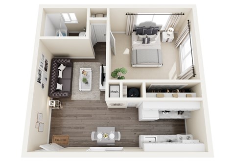Floor plan for 1 bed, 1 bath, 560 sqft
