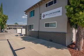 San Jose apartment for rent - Willow Manor building and sign at Willow Manor Apartments, San Jose, CA, 95125