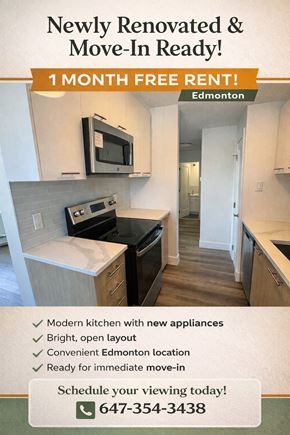Edmonton apartment for rent - A flyer advertises a newly renovated apartment in Edmonton for rent.