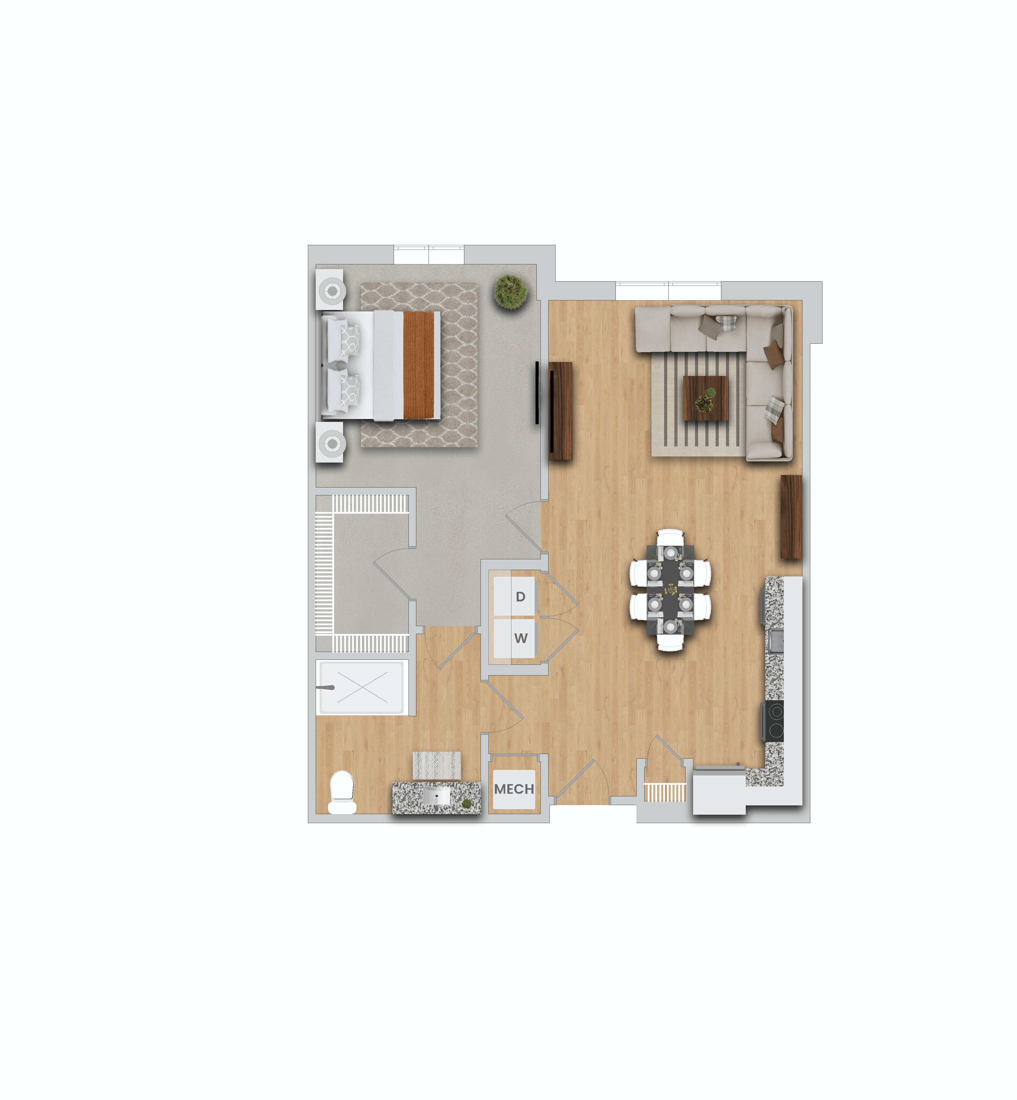 Floor plan for 1 bed, 1 bath, 873 sqft