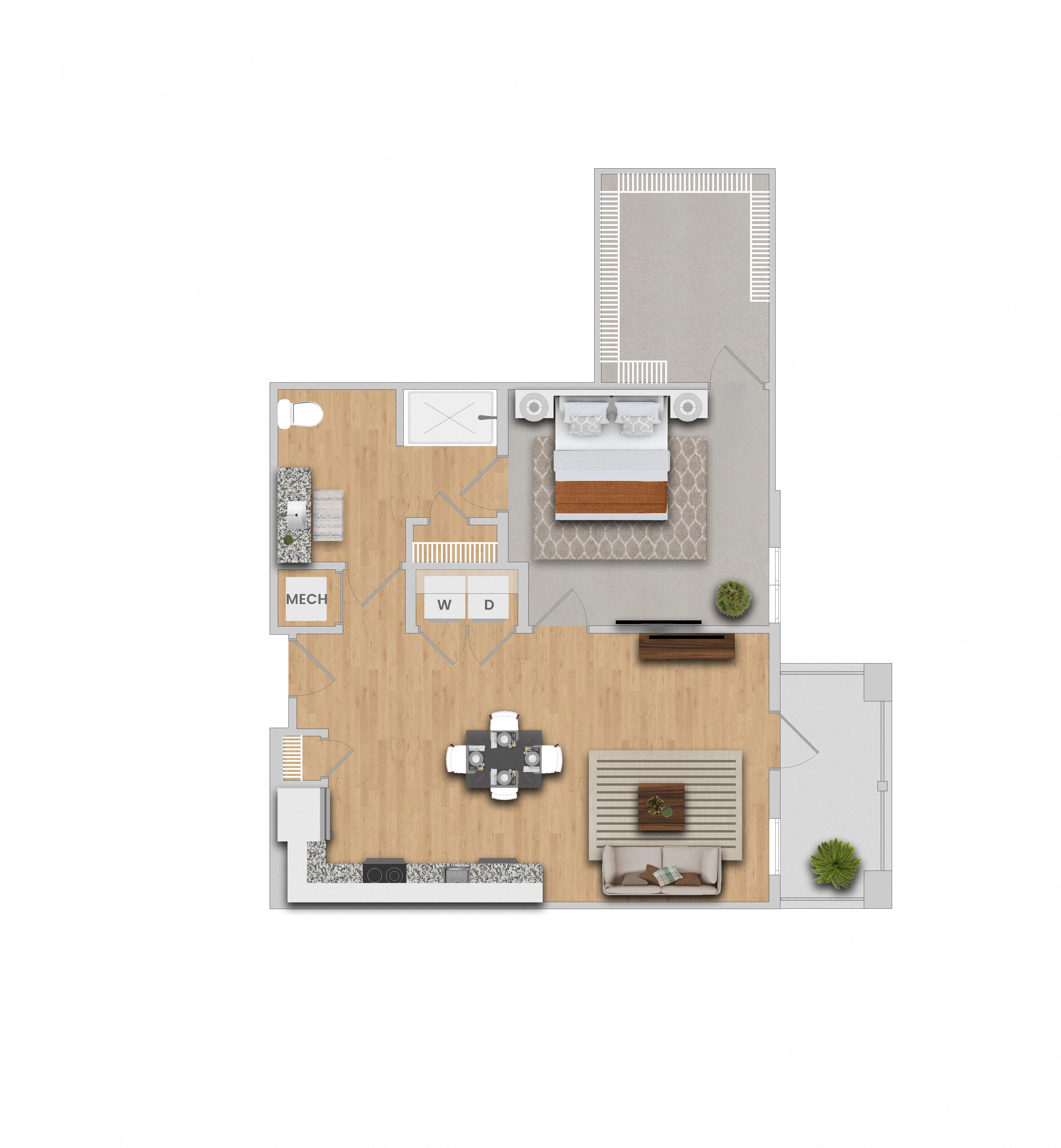 Floor plan for 1 bed, 1 bath, 855 sqft