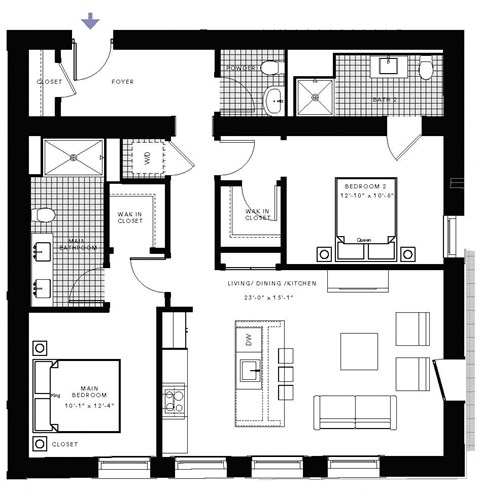 Floor plan for 2 beds, 2 baths, 1232 sqft