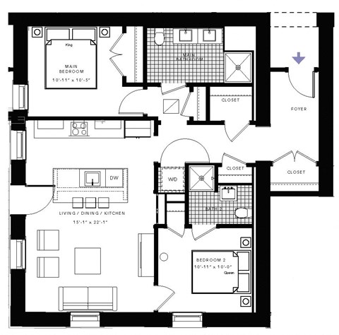 Floor plan for 2 beds, 2 baths, 1084 sqft