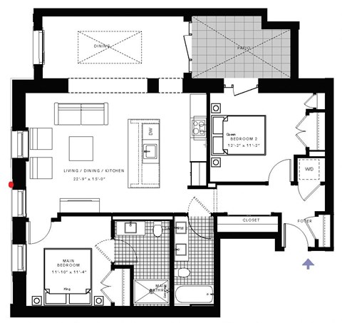 Floor plan for 2 beds, 2 baths, 1157 sqft