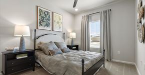 San Marcos apartment for rent - A bedroom with a large bed, a nightstand with a lamp, and two wall art pieces.