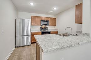 Houston apartment for rent - A kitchen with a granite countertop and stainless steel appliances.