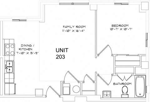 Floor plan for 1 bed, 1 bath