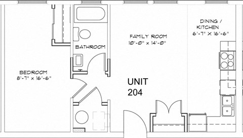 Floor plan for 1 bed, 1 bath, 1096 sqft