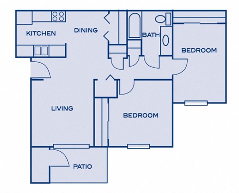 Floor plan for 2 beds, 1 bath, 850 sqft