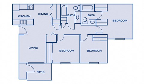 Floor plan for 3 beds, 2 baths, 1070 sqft
