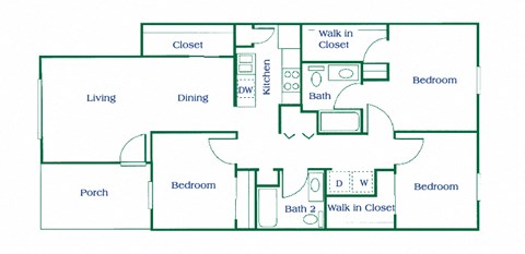 Floor plan for 3 beds, 2 baths, 1155 sqft
