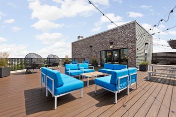 Roof top deck with city skyline view