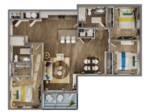 Floor plan for 3 beds, 2 baths, 1294 sqft