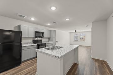 Houston apartment for rent - A kitchen with a black refrigerator and white countertops.