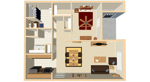 Floor plan for 1 bed, 1 bath, 727 sqft