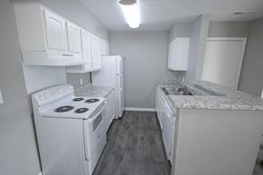 Logansport apartment for rent - Kitchen with a white stove, refrigerator and sink.
