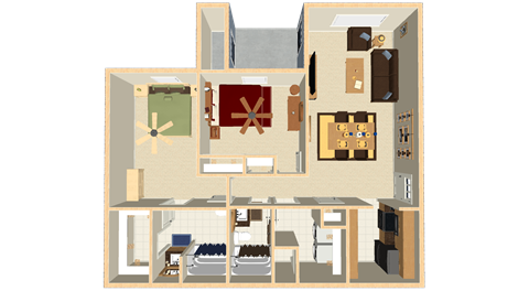 Floor plan for 2 beds, 2 baths, 981 sqft