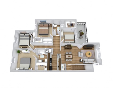 Floor plan for 4 beds, 2 baths, 1345 sqft