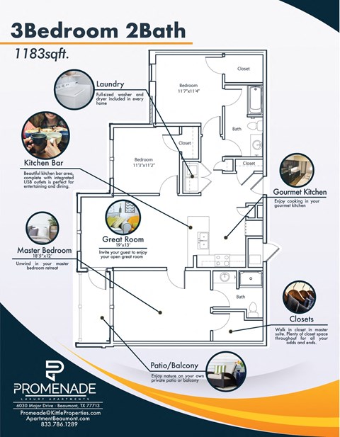 Floor plan for 3 beds, 2 baths, 1183 sqft