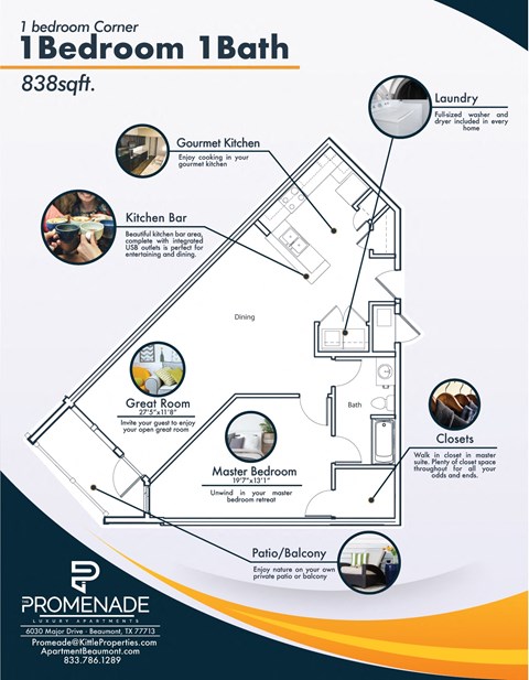 Floor plan for 1 bed, 1 bath, 838 sqft
