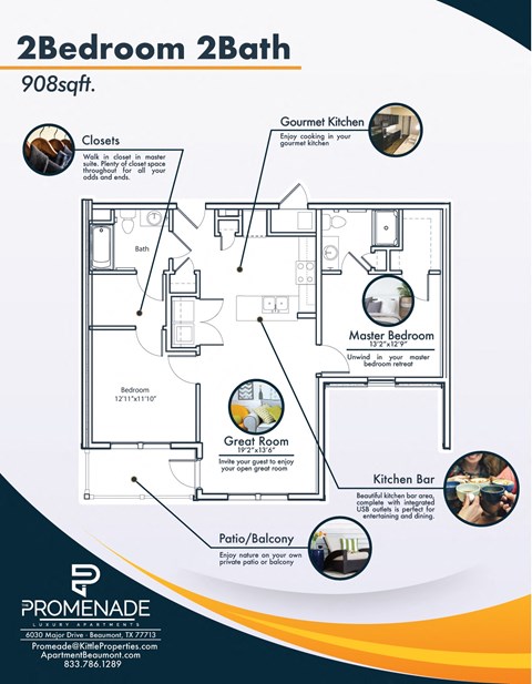 Floor plan for 2 beds, 2 baths, 908 sqft