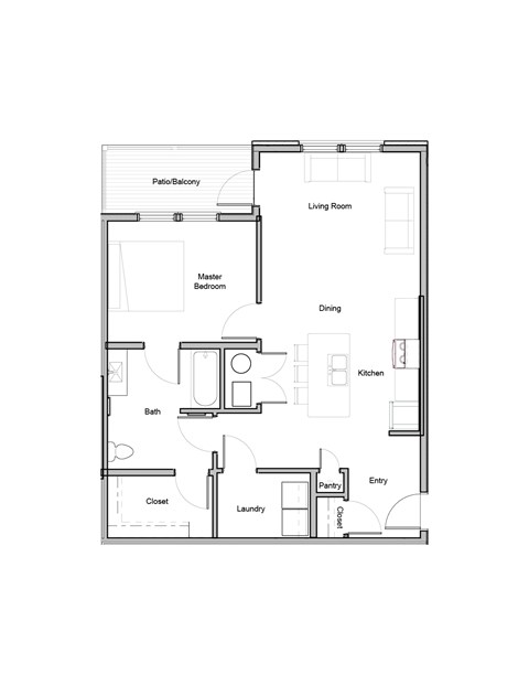 Floor plan for 1 bed, 1 bath, 823 sqft