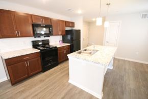 Kokomo apartment for rent - A kitchen with a black refrigerator and stove.
