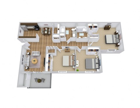 Floor plan for 3 beds, 2 baths, 1070 sqft