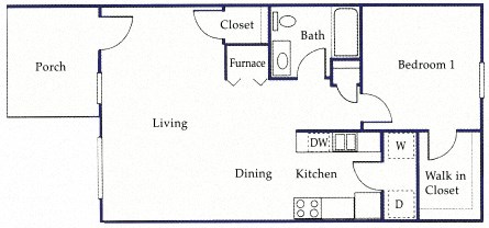 Floor plan for 1 bed, 1 bath, 765 sqft