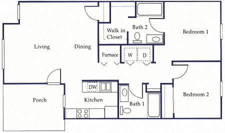 Floor plan for 2 beds, 1 bath, 920 sqft
