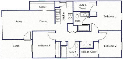 Floor plan for 3 beds, 2 baths, 1173 sqft