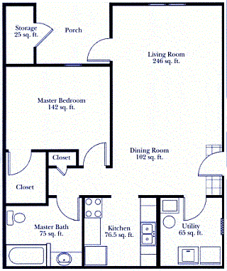 Floor plan for 1 bed, 1 bath, 765 sqft