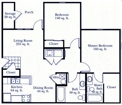 Floor plan for 2 beds, 2 baths, 920 sqft