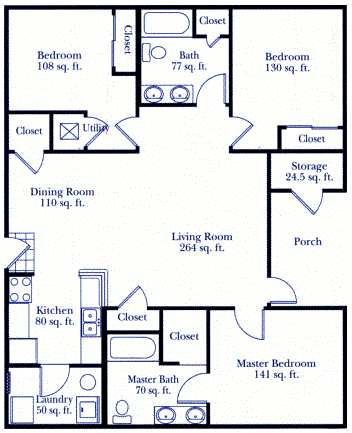 Floor plan for 3 beds, 2 baths, 1173 sqft