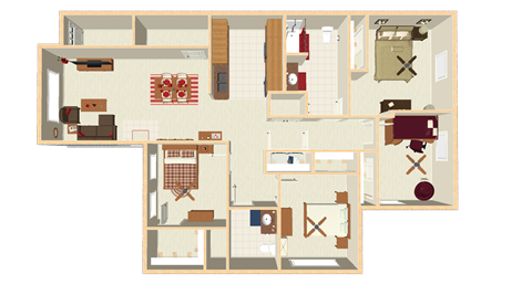 Floor plan for 4 beds, 2 baths, 1318 sqft