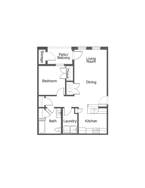 Floor plan for 1 bed, 736 sqft